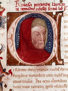 Porträt des italienischen Dichters Francesco Petrarca (1304-1374) (Detail). Seite aus dem Manuskript „Les remedes aux deux fortunes“ (De remediis Utriusque Fortunae) von Petrarca. 1360-1366 Venedig, Biblioteca Marciana