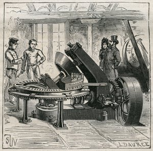 Töpferei: Fleury-Maschine zur mechanischen Formgebung von Ziegeln. Gravur von 1885 in „Les arts et metiers illustres“ von Adolphe BITARD