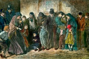 Armut in London vor der Tür eines Obdachlosenheims