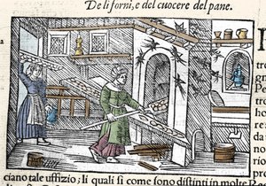 Vorbereitung und Backen von Brot in einem Ofen. Gravur von Olaus Magnus (1490-1557), schwedischer Geistlicher und Geograph, „Historia de Gentis Septentrionalibus“, Venedig