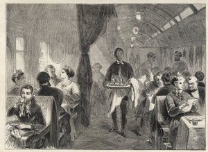 Pullman-Speisewagen der Pacific Railways im Jahr 1869 - Innenansicht eines Hotelwagens der Pacific Railway