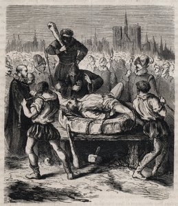 Bestrafung von Francois Ravaillac (1578-1610), Mörder von König Heinrich IV. (1553-1610) auf dem Place de Grève in Paris im Jahr 1610 - Kupferstich von 1879 in „Histoire des sociétés secrètes, politiques et religieuses“ von Pierre Zaccone (1817-1895)
