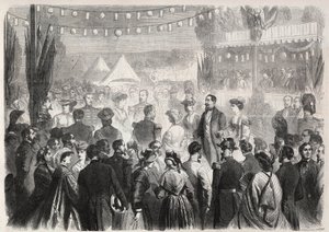 Improvisierter Ehrentanz von Napoleon III. (1808-1873) im Lager der Grenadiere in Vichy am 21. Juli 1861 - Gravur in „Le Monde Illustré“