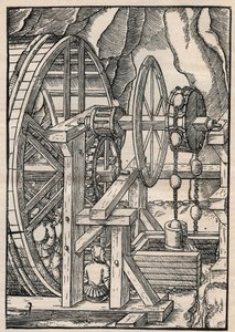 Lumpen- und Kettenpumpe zum Entwässern einer Mine, betrieben von Männern im Tretmühlenbetrieb. Aus Agricola (Georg Bauer) De re metallica, Basel von Unknown artist