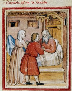Rebekka bringt ihren Sohn Jakob, den ihr Bruder Esau zu töten droht, vor ihren Ehemann Isaak, um seinen Segen zu erhalten. Miniatur aus Codex 212 (oder Padovano oder Bibel von Padua) 1390-1400 Rovigo, Accademia dei Concordi von Unknown artist