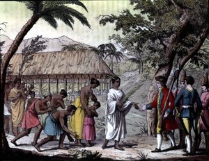 Empfang des Navigators Samuel Wallis durch Königin Oberea in Tahiti. „Navigations of Cook“, Mailand