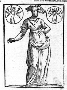 Darstellung von Hekate, griechische böse Gottheit, die an Kreuzungen errichtet wurde und normalerweise drei Köpfe hatte. Gravur aus dem 17. Jahrhundert.