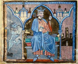Darstellung von König Ferdinand III. von Kastilien oder Heiliger Ferdinand (1199-1252). Miniatur aus dem Manuskript „Index der königlichen Privilegien“ fol. 66 v. 13. Jahrhundert, Santiago de Compostela, Archive der Kathedrale von Unknown artist