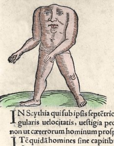 Darstellung eines Mitglieds des Blemmyi-Stammes in Nubien, beschrieben ohne Kopf, ohne Hals und Gesicht auf dem Rumpf von Plinius dem Älteren. Gravur aus „Prodigiorum ac ostentorum chronicon“ von Conrad Lycosthenes (1518-1561). 1557
