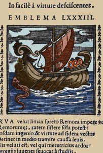 Darstellung eines Remora, der laut den Geschichten von Plinius, Ambrosius und Rabelais die Schiffe angriff, indem er seinen Schwanz mit einem Saugnapf an einem Felsen befestigte und das Schiff mit seinem Mund blockierte. Gravur aus einem Werk des 17. Jahrh