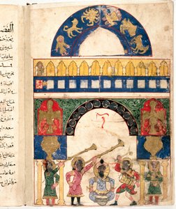 Darstellung einer Wasseruhr (Clepsydra) entworfen vom türkischen Ingenieur Ibn al-Rajjaj al-Jazari (1136-1206) und einem Kalender. Es unterscheidet den Kreis des Tierkreises, die Sonne, den Mond