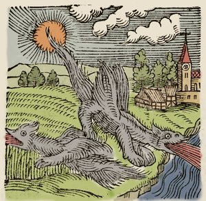Darstellung von Basilisken im Flug, die Weizenfelder verbrennen. Gravur aus „Prodigiorum ac ostentorum chronicon“ von Conrad Lycosthenes (1518-1561). 1557.