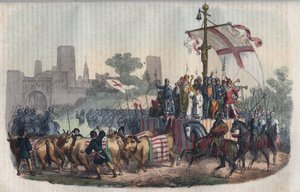 Darstellung des Carroccio, eines großen Wagens mit den Stadtzeichen, um den sich die Milizen der Gemeinden der Poebene versammelten, erfunden vom Erzbischof von Mailand Aribert (Ariberto) im Jahr 1037 während der Belagerung der Stadt durch Kaiser Konrad II