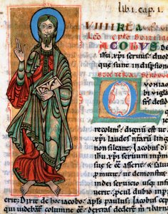 Darstellung des Apostels Jakobus des Älteren. Miniatur aus „Codex Calixtinus“ (Buch des heiligen Jakobus), um 1140. Fol. 4. Archive der Kathedrale von Santiago de Compostela, Spanien