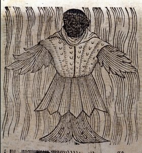 Darstellung des Seemönchs, imaginärer Fisch und Meeresmonster. Gravur aus „Prodigiorum ac ostentorum chronicon“ von Conrad Lycosthenes (Konrad Wolffhart)