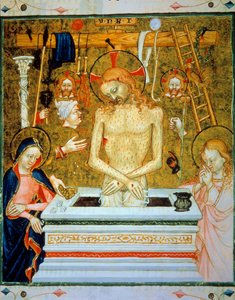 Auferstehung Christi: Christus kommt aus dem Grab zwischen der Jungfrau und dem heiligen Johannes mit den Leidenswerkzeugen (Leiter, Seile, Stirnband, Hahn, Mond, Peitsche, Laterne, Dornenkrone, Spiel, Säule, Tunika, Sonne, Hand, Nagel). Miniatur aus einem von Unknown artist