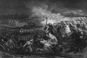 Rückzug der Araber vor dem von der französischen Armee gebildeten Viereck in Constantine 1837. In „Algerie ancienne et moderne“ von Leon Galibert