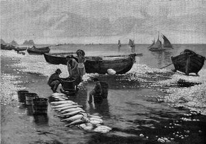 Rückkehr der Fischer am Strand von Belle Isle (Belle-Isle) in der Bretagne. Gravur in „Le Journal de la jeunesse“