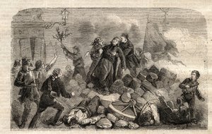 Revolution 1848: „Der Erzbischof Monsignore Denis Affre auf der Barrikade Faubourg Saint Antoine in Paris am 26.06.1848 (Do o mon dieu que mon sang soit le dernier verse) (Tod von Denis Affre, Erzbischof von Paris auf der Barrikade am Eingang zu t von Unknown artist