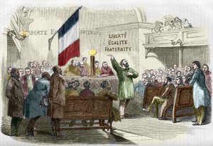 Revolution von 1848: Treffen des Republikanischen Clubs in Paris im Jahr 1848. An der Wand steht das republikanische Motto „Freiheit, Gleichheit, Brüderlichkeit“. Gravur des 19. Jahrhunderts. von Unknown artist