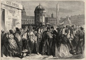 Revolution vom September 1868 in Spanien (Gloriosa): Verlesung des Manifests der Junta in der Straße von Alcala in Madrid. Gravur in „L