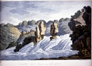 Rheinfall in Laufen, Deutschland. Gravur aus dem frühen 19. Jahrhundert.