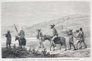 Richard Francis Burton, britischer Entdecker (1821-1890), und seine Begleiter in Afrika. Zeichnung zur Illustration des Artikels „Captain Burtons Reise zu den Großen Seen Afrikas 1857-59“ - in „Tour du Monde“, 2. Halbjahr 1860 von Unknown artist