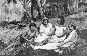 Robert Louis Stevenson (1850-1894) mit seiner Frau in Samoa, wo er seinen Wohnsitz hatte. Veröffentlicht in Vailima. Gravur um 1890-1895