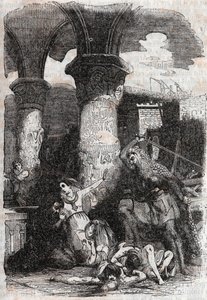 Rodomont massakriert die Bewohner von Paris - Gravur von 1851 aus „Roland der Rasende“ (Orlando furioso) (16. Jahrhundert) von Ludovico Ariosto, bekannt als der Ariosta - Ausgabe, übersetzt aus dem Italienischen von Graf von Tressan und veröffentlicht von  von Unknown artist