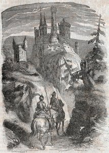 Roger und Richardet sehen das Schloss von Aigremont - Gravur von 1851 aus „Furioser Roland“ (Orlando furioso) (16. Jahrhundert) von Ludovico Ariosto, bekannt als der Ariosta - Ausgabe übersetzt aus dem Italienischen von Graf von Tressan und veröffentlicht  von Unknown artist