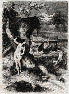 Roland befreit Olympe - Gravur von 1851 aus „Roland der Rasende“ (Orlando furioso) (16. Jahrhundert) von Ludovico Ariosto, bekannt als der Ariosta - Ausgabe, übersetzt aus dem Italienischen von Graf von Tressan und veröffentlicht von Gustave Harvard 1851 von Unknown artist