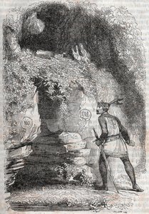 Roland findet die Figuren von Medor und Angelique - Gravur von 1851 aus „Furious Roland“ (Orlando furioso) (16. Jahrhundert) von Ludovico Ariosto, bekannt als Ariosto - Ausgabe übersetzt aus dem Italienischen von Graf von Tressan und veröffentlicht von Gus von Unknown artist