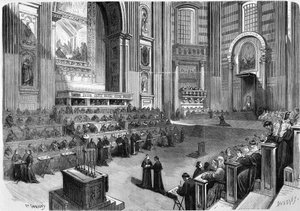 Rom 1869, erstes Treffen des ökumenischen Konzils von 1869, abgehalten am 9. Dezember im rechten Teil des Querschiffs der Kirche St. Peter