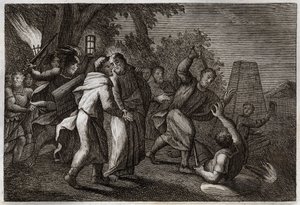 Bibel von Royaumont, Neues Testament: Verhaftung Jesu Christi oder der Kuss des Judas. Die Soldaten kommen, um Christus im Garten Gethsemane zu verhaften. St. Petrus schneidet einem von ihnen das Ohr ab. Illustration von 1811. von Unknown artist