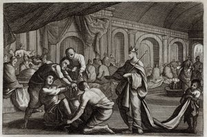 Royaumont-Bibel, Neues Testament: Hochzeitskleid. Gleichnis von einem König, der die Hochzeit seines Sohnes feierte und einen Mann, der kein Hochzeitskleid trug, hinauswarf. Illustration von 1811.