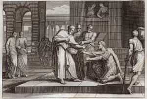 Royaumont-Bibel, Neues Testament: Cornelius tauft. Der Zenturio Cornelius empfängt den Glauben an Jesus Christus und wird von St. Peter getauft. Illustration von 1811.