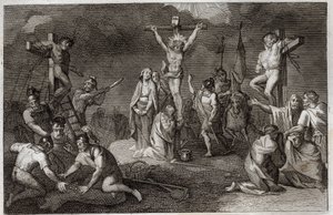 Royaumont-Bibel, Neues Testament: Kreuzigung Jesu Christi. Die Jungfrau Maria, Maria Magdalena und Johannes am Fuße des Kreuzes, der heilige Longinus mit seiner Lanze, Soldaten spielen um das Gewand Christi. An den Seiten, Darstellungen von...