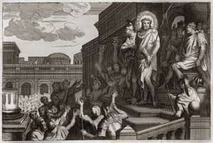 Royaumont-Bibel, Neues Testament: Ecce homo. Pontius Pilatus (Pontius Pilatius) präsentiert Jesus Christus mit Dornenkrone der Menge und sagt: „Hier ist der Mensch“. Illustration von 1811. von Unknown artist