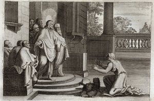 Royaumont-Bibel, Neues Testament: Jesus Christus und die Frau von Kanaan (Die Kananäerin oder die fremde Frau). Eine Bäuerin bittet den Herrn um Hilfe, um ihre Tochter zu heilen. Christus antwortete ihr: „Ich wurde nur zu den verlorenen Schafen des Hauses  von Unknown artist