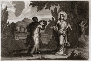 Royaumont-Bibel, Neues Testament: Jesus Christus in der Wüste. Jesus wird in die Wüste getrieben. Er fastet vierzig Tage und vierzig Nächte. Er wird vom Dämon versucht, der ihn auffordert, Steine in Brot zu verwandeln. Illustration von 1811.