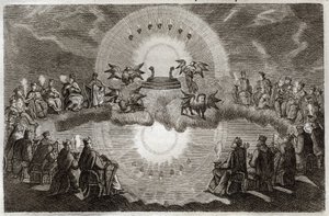 Royaumont-Bibel, Neues Testament: Offener Himmel. Ein Thron erscheint umgeben von einem Löwen, einem Ochsen, einem Menschen und einem Adler (Tetramorph) und sieben Lampen. Vierundzwanzig alte Menschen sitzen auf Thronen und umgeben diese Vision. Illustrati