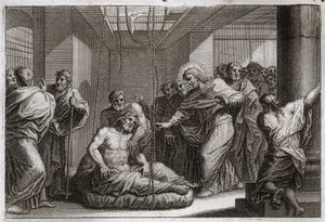 Bibel von Royaumont, Neues Testament: Der Gelähmte. Jesus Christus ruft den Heiligen Matthäus und heilt einen Gelähmten in Kafarnaum. Illustration von 1811.