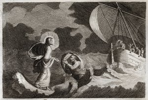 Royaumont-Bibel, Neues Testament: St. Peter geht auf dem Wasser. Jesus Christus geht auf dem Meer und lässt den heiligen Petrus darauf gehen. Illustration von 1811. von Unknown artist