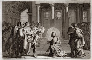 Royaumont-Bibel, Neues Testament: Die Ehebrecherin. Jesus Christus entzieht sich göttlich den Fallen, die die Juden ihm stellten, indem sie ihn fragten, was mit einer Frau geschehen solle, die beim Ehebruch ertappt wurde, und sagten: „Wer von euch ohne Sün von Unknown artist