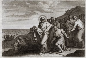 Royaumont-Bibel, Neues Testament: Der Aussätzige und der Hauptmann. Ein Aussätziger bittet Jesus Christus, ihn von seiner Krankheit zu heilen, und ein Hauptmann sendet ihn, um seinen kranken Diener zu heilen. Illustration von 1811