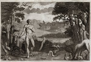 Royaumont-Bibel, Altes Testament: Schöpfung von Mann und Frau. Gott, der den Menschen erschaffen hat, setzt ihn ins irdische Paradies und verbietet ihm, von der Frucht des Baumes der Erkenntnis von Gut und Böse zu essen. Illustration von 1811 von Unknown artist