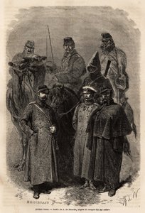 Russische Soldaten, die die Autorität des Kaisers im weiten Gebiet Russlands aufrechterhalten, die russische Armee ermöglichte auch einen sehr schnellen sozialen Aufstieg, indem sie jedem ihrer Mitglieder bestimmte Privilegien und Bildung gewährte. Gravur  von Unknown artist