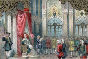 Modernisierungspolitik Russlands: Katharina II. von Russland (1729-1796) verkündet die Neuordnung des Russischen Reiches. 1785 gab sie den Adligen des Reiches weit mehr Macht und Rechte. Späte Chromolithographie des 19. Jahrhunderts.