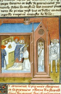 Krönung von Karl dem Großen (742 - 814) im Jahr 800 durch Papst Leo III. - Illumination eines Manuskripts aus dem Mittelalter (ref. 512, 089v) Genehmigung der Stadtbibliothek Toulouse erforderlich (tel: 05 62 27 66 66) von Unknown artist