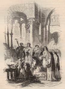 Segnung von Heiliger Kunigunde von Luxemburg (ca. 975-1033/1039) im Jahr 1024, übergeben vom Bischof von Paderborn Meinwerk (ca. 975-1036) in der Benediktinerabtei von Kaufungen in Deutschland. Gravur von 1868 in „Histoire de Belgique von den frühesten Zei von Unknown artist